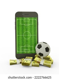 3D Rendering Of A Mobile Phone With Soccer Field On Screen, Soccer Ball And Stacks Of Malawian Kwacha Notes Isolated On White Background.