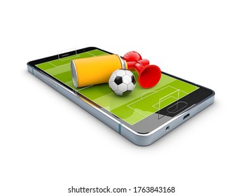 3d Rendering Of Mobile Soccer. Online Ticket Sales Concept. Clipping Path Included