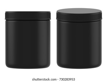 3D Rendering Mock Up Black Plastic Jar With Screw Cap, Packaging Template On White Background