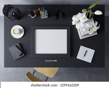 3d Rendering Of Mock Up Design Template To To Showcase Artwork And Portfolio Of Empty Poster In Modern Workspace Desk In Horizontal Frame Resting On A Black Polished Table In Straight Top View