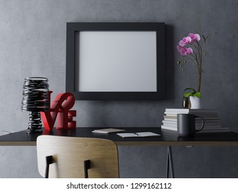 3d Rendering Of Mock Up Design Template Of Blank Poster Frame In Zen Modern Elegant Designer Workplace Desk In Horizontal Orientation Hanging On Concrete Wall In Straight Front View