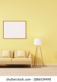 3d Rendering Of Mock Up Interior Design For Living Room With Picture Frame On Yellow Wall