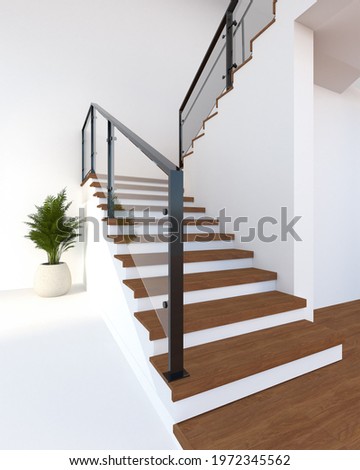 3d rendering mock up of modern interior room with clear glass staircase with brown wooden stair in white modern room. tree decoration in the corner to be more cozy and relax home place.