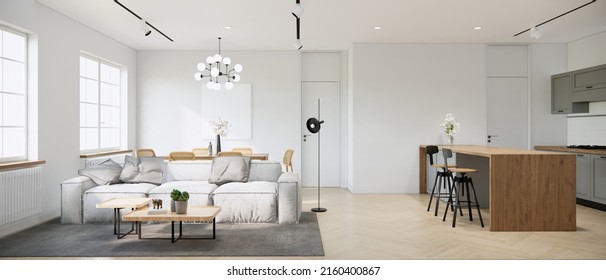 3d rendering mock up studio apartment room interior design and decoration with beige fabric sofa wooden coffee table grey carpet wood island and kitchen counter with dining table and chairs. 