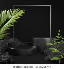 3d Rendering Mockup Black Step Podium Stand For Show Product, Jungle Tropic Concept, Rock Palm Leaf, Abstract Illustration Background