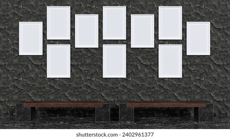 3D rendering of mock-up frame on color texture background with modern bench in  the waiting room, home office, modern interior design