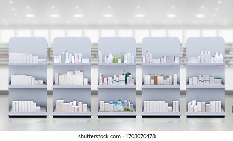 3D Rendering Mockup Illustration Of Skincare And Cosmetic Products On Rack Shelf In Pharmacy Store. Suitable For Presenting New Products And New Designs Or Labels Among Many Others. 