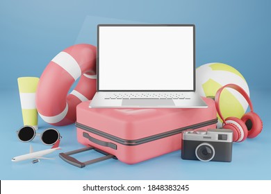 3d Rendering Mockup Of Laptop On The Suitcase With Summer Stuffs(camera,life-ring, Beachball,sun Glasses)