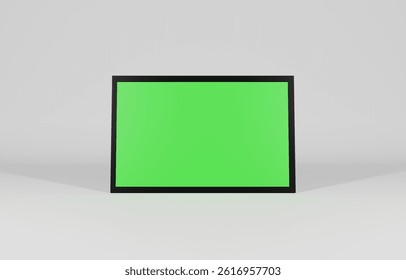 3D rendering. Mockup of tablet with pre-keyed green screen on white table.