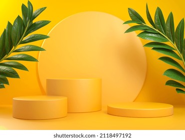 3D Rendering Mockup Yellow Podium Step, Tropic Leaf Abstract Background