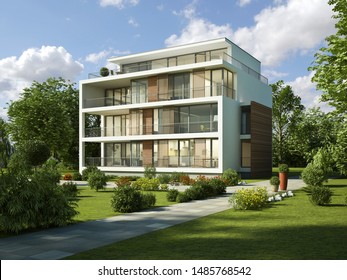 3d Rendering Of A Modern Apartment Building In The Evening