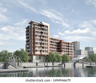 3d rendering of a modern apartment building on the riverside