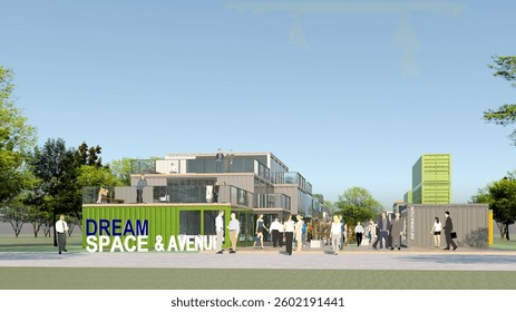 3d rendering of a modern architectural design featuring a multi-level structure built from repurposed shipping containers