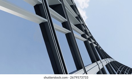 3d rendering of modern architecture, Skyscraper corporate office building with glass window and curved steel frame