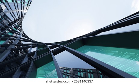 3d rendering of modern architecture, Skyscraper corporate office building with glass window and curved steel frame