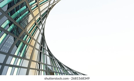 3d rendering of modern architecture, Skyscraper corporate office building with glass window and curved steel frame