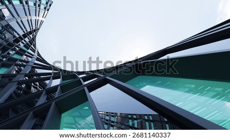 3d rendering of modern architecture, Skyscraper corporate office building with glass window and curved steel frame