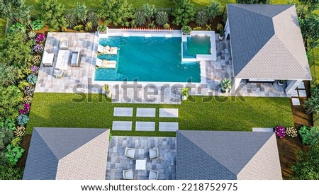 3d rendering of modern backyard with pool and dining area