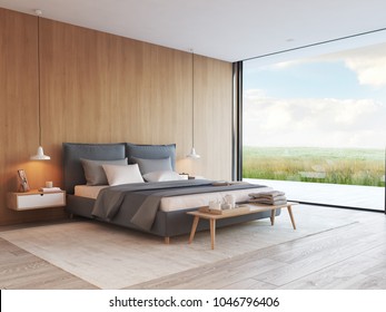 3d rendering. modern bedroom in a apartment with view.