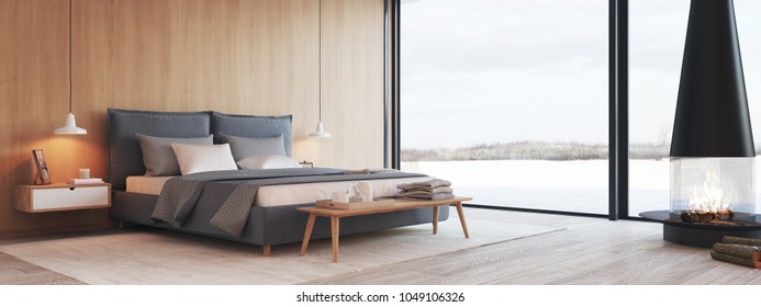 3d Rendering. Modern Bedroom In A Apartment With View.