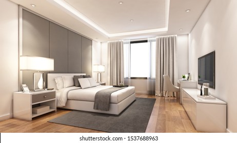 3D rendering modern bedroom suite in hotel with tv and work table - Powered by Shutterstock