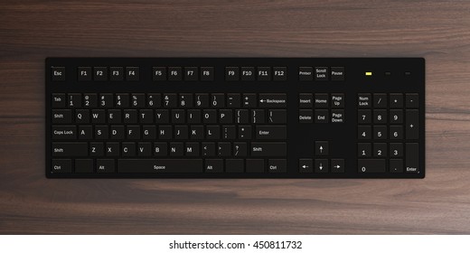 3d rendering modern black computer keyboard on a wooden surface