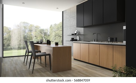 3d rendering modern black kitchen with wood built in 