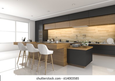 3d rendering modern black kitchen with wood decor