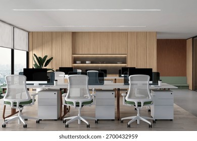 3d rendering of a modern and bright open office featuring white desks, green ergonomic chairs, and natural light wood paneling with storage.