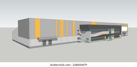 3D Rendering Modern building design and render. A design of a factory.