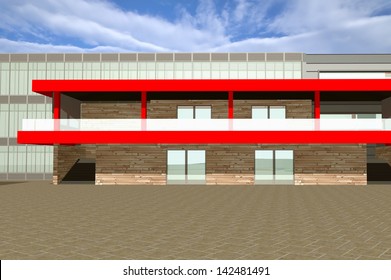 3D rendering of modern building exterior, closeup view of entrance with parking space - Shutterstock ID 142481491