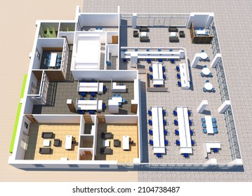 3D Rendering of Modern Building. Interior illustration design of an office.
