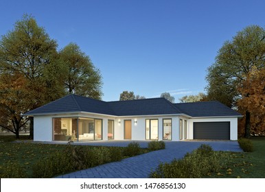 3d Rendering Of A Modern Bungalow In The Evening