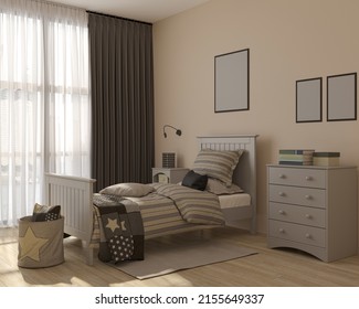 3D Rendering. Modern Children's Room In Bright Colors With A Bed, A Chest Of Drawers, A Bedside Table, Empty Pictures, With A Window. 3d Render Of Room