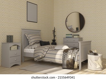 3D Rendering. Modern Children's Room In Bright Colors With A Bed, A Chest Of Drawers, Bedside Table, Empty Pictures, Mirror, 3d Render Of Room