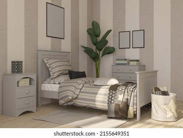 3D Rendering. Modern Children's Room In Bright Colors With A Bed, A Chest Of Drawers, Bedside Table, Empty Pictures, 3d Render Of Room