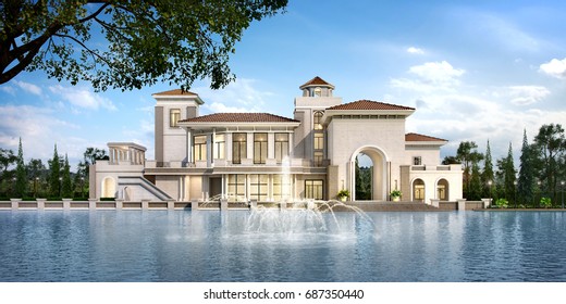 3d Rendering Modern Classic Clubhouse Castle  With Luxury Design Garden Near Lake