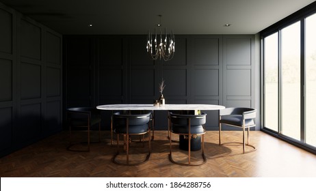 3d Rendering Modern Classic And Luxury Dining Room Interior Decorated With Classic Wall Panel Sun Light From Window.