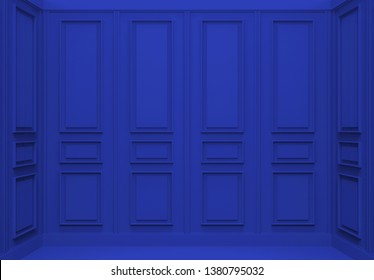 3d Rendering. Modern Classical Blue Square Pattern Wood Wall Corner Room Background.