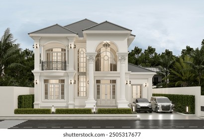 3D rendering modern contemporary two - storey  house design with garage and natural scenery background.
