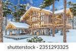 3d rendering of modern cozy chalet with pool and parking for sale or rent. Beautiful forest mountains on background. Massive timber beams columns. Christmas garlands in New Year holidays