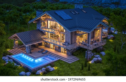 3d rendering of modern cozy chalet with pool and parking for sale or rent. Beautiful forest mountains on background. Massive timber beams columns. Clear summer night with many stars on the sky.