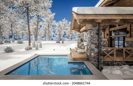 3d Rendering Of Modern Cozy Chalet With Pool And Parking For Sale Or Rent. Beautiful Forest Mountains On Background. Massive Timber Beams Columns. Cool Winter Day With Shiny White Snow.