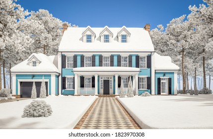 3d Rendering Of Modern Cozy Classic House In Colonial Style With Garage And Pool For Sale Or Rent With Beautiful Landscaping On Background. Cool Winter Day With Shiny White Snow.