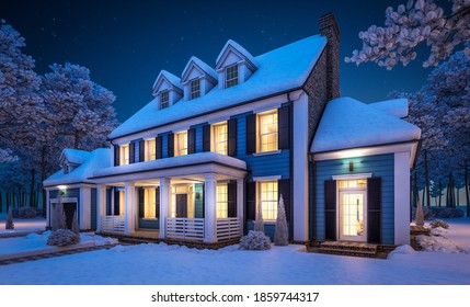 3d rendering of modern cozy classic house in colonial style with garage and pool for sale or rent with beautiful landscaping on background. Cool winter night with cozy light from windows.