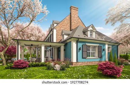 3d Rendering Of Modern Cozy Classic House In Colonial Style With Garage And Pool For Sale Or Rent With Beautiful Landscaping Fresh Spring Day With A Blooming Trees With Flowers Of Sakura On Backgraund