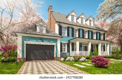 3d Rendering Of Modern Cozy Classic House In Colonial Style With Garage And Pool For Sale Or Rent With Beautiful Landscaping Fresh Spring Day With A Blooming Trees With Flowers Of Sakura On Backgraund