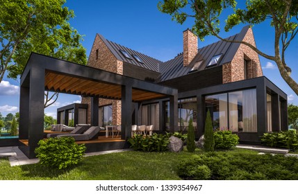 3d rendering of modern cozy clinker house on the ponds with garage and pool for sale or rent with beautiful landscaping on background. Clear sunny summer day with blue sky.