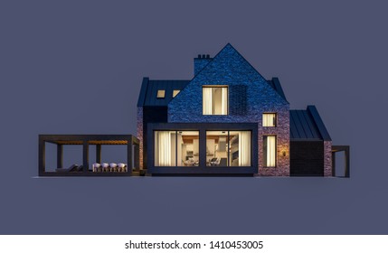 3d Rendering Of Modern Cozy Clinker House On The Ponds With Garage And Pool For Sale Or Rent In Night With Cozy Light Frim Window. Isolated On Gray