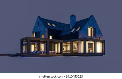 3d Rendering Of Modern Cozy Clinker House On The Ponds With Garage And Pool For Sale Or Rent In Night With Cozy Light Frim Window. Isolated On Gray